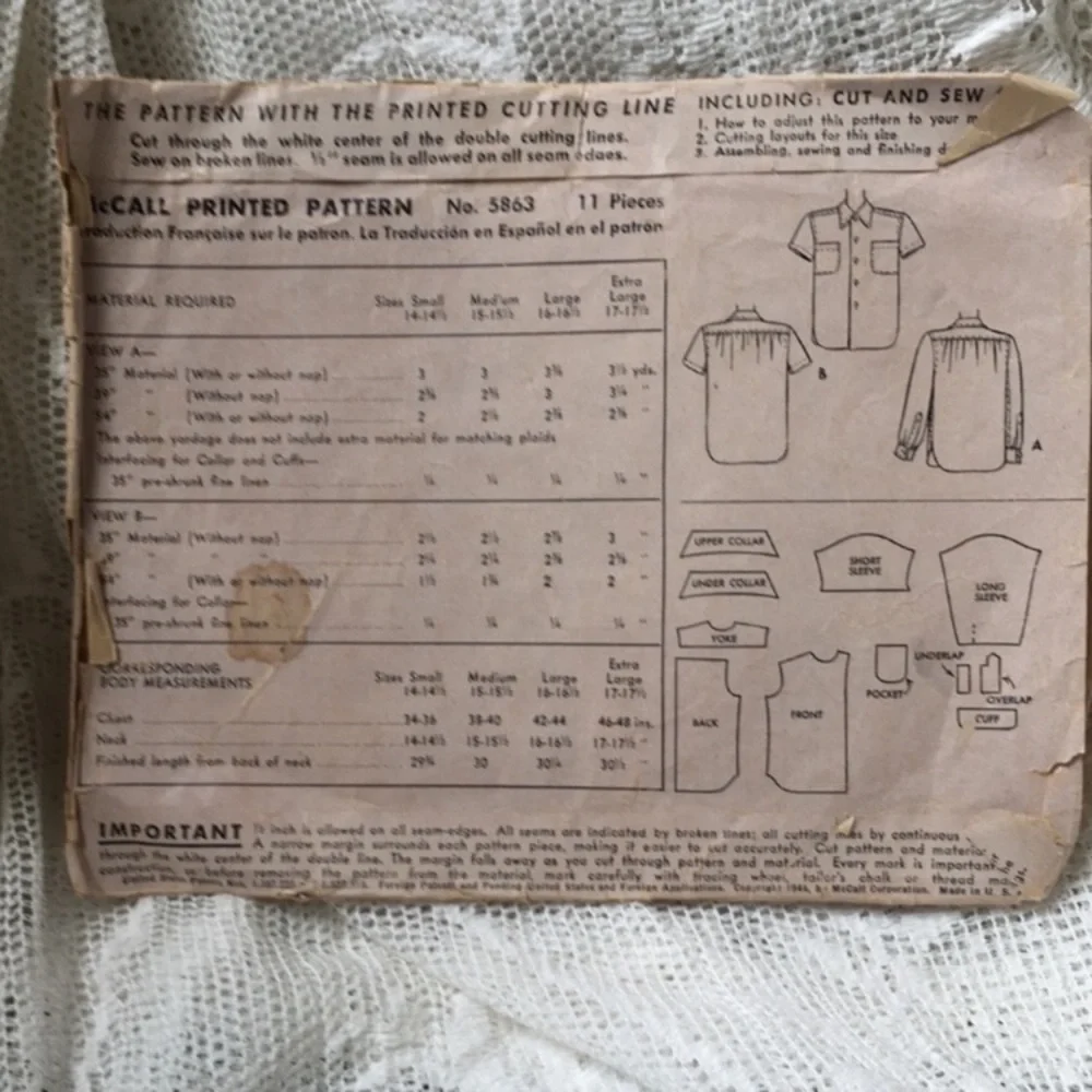 1940s McCall 5863 men’s shirt sewing pattern, neck 14-14 1/2, vintage